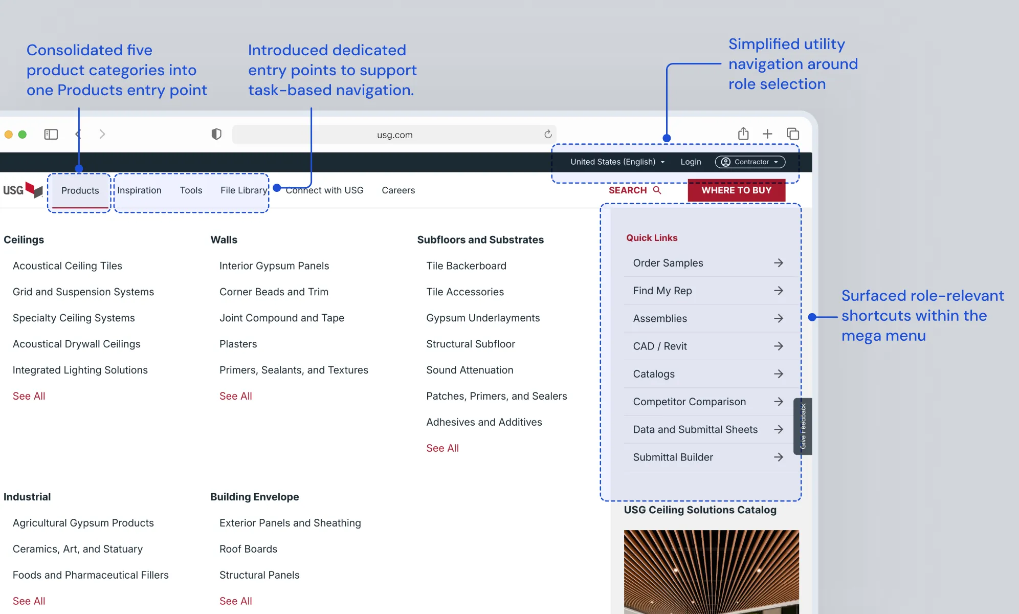 Proposed USG navigation with consolidated products, task-based entry points, and role-relevant shortcuts