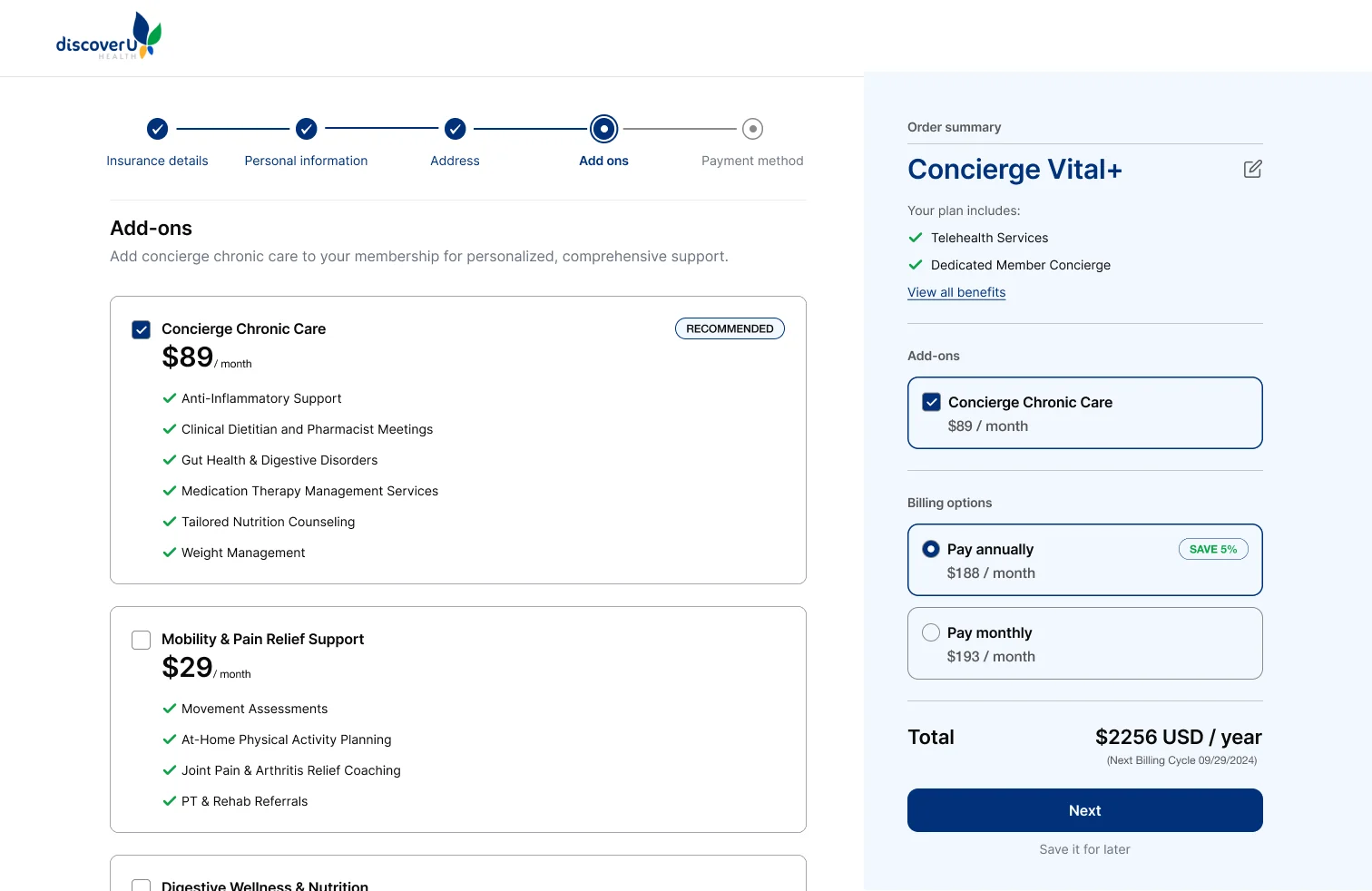 DiscoverU Health enrollment add-ons step with plan options, progress steps and an order summary